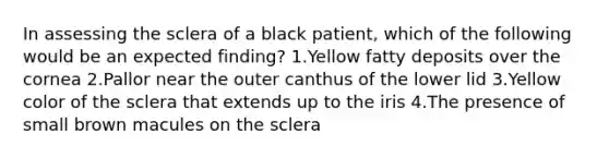 In assessing the sclera of a black patient, which of the following would be an expected finding? 1.Yellow fatty deposits over the cornea 2.Pallor near the outer canthus of the lower lid 3.Yellow color of the sclera that extends up to the iris 4.The presence of small brown macules on the sclera