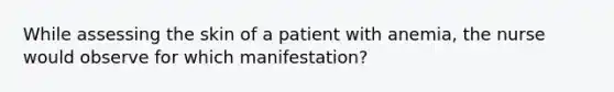 While assessing the skin of a patient with anemia, the nurse would observe for which manifestation?