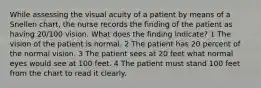 While assessing the visual acuity of a patient by means of a Snellen chart, the nurse records the finding of the patient as having 20/100 vision. What does the finding indicate? 1 The vision of the patient is normal. 2 The patient has 20 percent of the normal vision. 3 The patient sees at 20 feet what normal eyes would see at 100 feet. 4 The patient must stand 100 feet from the chart to read it clearly.