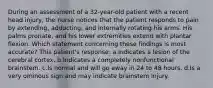 During an assessment of a 32-year-old patient with a recent head injury, the nurse notices that the patient responds to pain by extending, adducting, and internally rotating his arms. His palms pronate, and his lower extremities extend with plantar flexion. Which statement concerning these findings is most accurate? This patient's response: a.Indicates a lesion of the cerebral cortex. b.Indicates a completely nonfunctional brainstem. c.Is normal and will go away in 24 to 48 hours. d.Is a very ominous sign and may indicate brainstem injury.