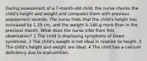 During assessment of a 7-month-old child, the nurse checks the child's height and weight and compares them with previous assessment records. The nurse finds that the child's height has increased by 1.25 cm, and the weight is 140 g more than in the previous month. What does the nurse infer from this observation? 1 The child is displaying symptoms of Down syndrome. 2 The child's weight is not ideal in relation to height. 3 The child's height and weight are ideal. 4 The child has a calcium deficiency due to malnutrition.