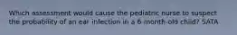 Which assessment would cause the pediatric nurse to suspect the probability of an ear infection in a 6-month-old child? SATA
