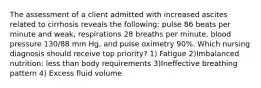 The assessment of a client admitted with increased ascites related to cirrhosis reveals the following: pulse 86 beats per minute and weak, respirations 28 breaths per minute, blood pressure 130/88 mm Hg, and pulse oximetry 90%. Which nursing diagnosis should receive top priority? 1) Fatigue 2)Imbalanced nutrition: less than body requirements 3)Ineffective breathing pattern 4) Excess fluid volume