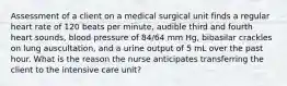 Assessment of a client on a medical surgical unit finds a regular heart rate of 120 beats per minute, audible third and fourth heart sounds, blood pressure of 84/64 mm Hg, bibasilar crackles on lung auscultation, and a urine output of 5 mL over the past hour. What is the reason the nurse anticipates transferring the client to the intensive care unit?