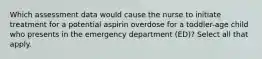 Which assessment data would cause the nurse to initiate treatment for a potential aspirin overdose for a toddler-age child who presents in the emergency department (ED)? Select all that apply.