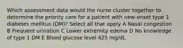 Which assessment data would the nurse cluster together to determine the priority care for a patient with new-onset type 1 diabetes mellitus (DM)? Select all that apply A Nasal congestion B Frequent urination C Lower extremity edema D No knowledge of type 1 DM E Blood glucose level 425 mg/dL