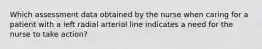 Which assessment data obtained by the nurse when caring for a patient with a left radial arterial line indicates a need for the nurse to take action?