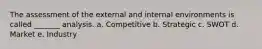 The assessment of the external and internal environments is called _______ analysis. a. Competitive b. Strategic c. SWOT d. Market e. Industry