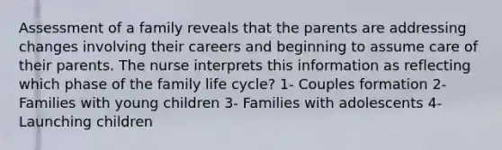 Assessment of a family reveals that the parents are addressing changes involving their careers and beginning to assume care of their parents. The nurse interprets this information as reflecting which phase of the family life cycle? 1- Couples formation 2- Families with young children 3- Families with adolescents 4- Launching children