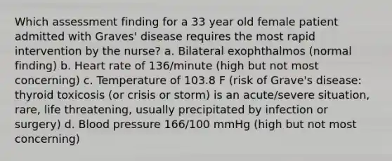 Which assessment finding for a 33 year old female patient admitted with Graves' disease requires the most rapid intervention by the nurse? a. Bilateral exophthalmos (normal finding) b. Heart rate of 136/minute (high but not most concerning) c. Temperature of 103.8 F (risk of Grave's disease: thyroid toxicosis (or crisis or storm) is an acute/severe situation, rare, life threatening, usually precipitated by infection or surgery) d. Blood pressure 166/100 mmHg (high but not most concerning)