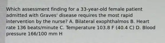 Which assessment finding for a 33-year-old female patient admitted with Graves' disease requires the most rapid intervention by the nurse? A. Bilateral exophthalmos B. Heart rate 136 beats/minute C. Temperature 103.8 F (40.4 C) D. Blood pressure 166/100 mm H