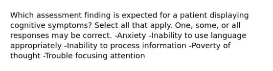 Which assessment finding is expected for a patient displaying cognitive symptoms? Select all that apply. One, some, or all responses may be correct. -Anxiety -Inability to use language appropriately -Inability to process information -Poverty of thought -Trouble focusing attention