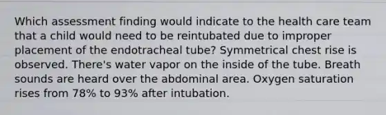 Which assessment finding would indicate to the health care team that a child would need to be reintubated due to improper placement of the endotracheal tube? Symmetrical chest rise is observed. There's water vapor on the inside of the tube. Breath sounds are heard over the abdominal area. Oxygen saturation rises from 78% to 93% after intubation.