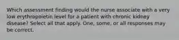 Which assessment finding would the nurse associate with a very low erythropoietin level for a patient with chronic kidney disease? Select all that apply. One, some, or all responses may be correct.