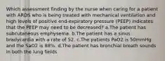 Which assessment finding by the nurse when caring for a patient with ARDS who is being treated with mechanical ventilation and high levels of positive end-expiratory pressure (PEEP) indicates that the PEEP may need to be decreased? a.The patient has subcutaneous emphysema. b.The patient has a sinus bradycardia with a rate of 52. c.The patients PaO2 is 50mmHg and the SaO2 is 88%. d.The patient has bronchial breath sounds in both the lung fields