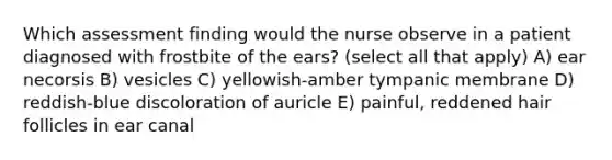 Which assessment finding would the nurse observe in a patient diagnosed with frostbite of the ears? (select all that apply) A) ear necorsis B) vesicles C) yellowish-amber tympanic membrane D) reddish-blue discoloration of auricle E) painful, reddened hair follicles in ear canal