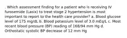 . Which assessment finding for a patient who is receiving IV furosemide (Lasix) to treat stage 2 hypertension is most important to report to the health care provider? a. Blood glucose level of 175 mg/dL b. Blood potassium level of 3.0 mEq/L c. Most recent blood pressure (BP) reading of 168/94 mm Hg d. Orthostatic systolic BP decrease of 12 mm Hg