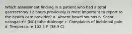 Which assessment finding in a patient who had a total gastrectomy 12 hours previously is most important to report to the health care provider? a. Absent bowel sounds b. Scant nasogastric (NG) tube drainage c. Complaints of incisional pain d. Temperature 102.1 F (38.9 C)