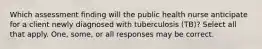 Which assessment finding will the public health nurse anticipate for a client newly diagnosed with tuberculosis (TB)? Select all that apply. One, some, or all responses may be correct.