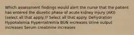 Which assessment findings would alert the nurse that the patient has entered the diuretic phase of acute kidney injury (AKI) (select all that apply.)? Select all that apply. Dehydration Hypokalemia Hypernatremia BUN increases Urine output increases Serum creatinine increases