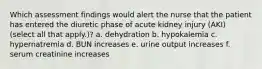 Which assessment findings would alert the nurse that the patient has entered the diuretic phase of acute kidney injury (AKI) (select all that apply.)? a. dehydration b. hypokalemia c. hypernatremia d. BUN increases e. urine output increases f. serum creatinine increases