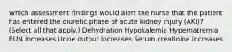 Which assessment findings would alert the nurse that the patient has entered the diuretic phase of acute kidney injury (AKI)? (Select all that apply.) Dehydration Hypokalemia Hypernatremia BUN increases Urine output increases Serum creatinine increases