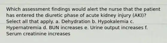 Which assessment findings would alert the nurse that the patient has entered the diuretic phase of acute kidney injury (AKI)? Select all that apply. a. Dehydration b. Hypokalemia c. Hypernatremia d. BUN increases e. Urine output increases f. Serum creatinine increases