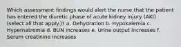 Which assessment findings would alert the nurse that the patient has entered the diuretic phase of acute kidney injury (AKI) (select all that apply.)? a. Dehydration b. Hypokalemia c. Hypernatremia d. BUN increases e. Urine output increases f. Serum creatinine increases