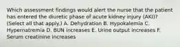 Which assessment findings would alert the nurse that the patient has entered the diuretic phase of acute kidney injury (AKI)? (Select all that apply.) A. Dehydration B. Hypokalemia C. Hypernatremia D. BUN increases E. Urine output increases F. Serum creatinine increases