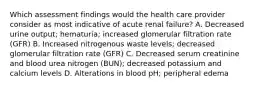 Which assessment findings would the health care provider consider as most indicative of acute renal failure? A. Decreased urine output; hematuria; increased glomerular filtration rate (GFR) B. Increased nitrogenous waste levels; decreased glomerular filtration rate (GFR) C. Decreased serum creatinine and blood urea nitrogen (BUN); decreased potassium and calcium levels D. Alterations in blood pH; peripheral edema