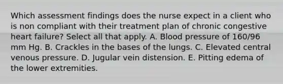 Which assessment findings does the nurse expect in a client who is non compliant with their treatment plan of chronic congestive heart failure? Select all that apply. A. Blood pressure of 160/96 mm Hg. B. Crackles in the bases of the lungs. C. Elevated central venous pressure. D. Jugular vein distension. E. Pitting edema of the lower extremities.