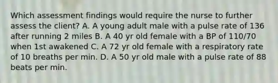 Which assessment findings would require the nurse to further assess the client? A. A young adult male with a pulse rate of 136 after running 2 miles B. A 40 yr old female with a BP of 110/70 when 1st awakened C. A 72 yr old female with a respiratory rate of 10 breaths per min. D. A 50 yr old male with a pulse rate of 88 beats per min.