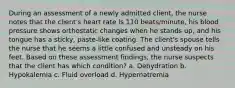 During an assessment of a newly admitted client, the nurse notes that the client's heart rate is 110 beats/minute, his blood pressure shows orthostatic changes when he stands up, and his tongue has a sticky, paste-like coating. The client's spouse tells the nurse that he seems a little confused and unsteady on his feet. Based on these assessment findings, the nurse suspects that the client has which condition? a. Dehydration b. Hypokalemia c. Fluid overload d. Hypernatremia