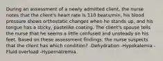 During an assessment of a newly admitted client, the nurse notes that the client's heart rate is 110 beats/min, his blood pressure shows orthostatic changes when he stands up, and his tongue has a sticky, pastelike coating. The client's spouse tells the nurse that he seems a little confused and unsteady on his feet. Based on these assessment findings, the nurse suspects that the client has which condition? -Dehydration -Hypokalemia -Fluid overload -Hypernatremia