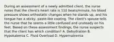 During an assessment of a newly admitted client, the nurse notes that the client's heart rate is 110 beats/minute, his blood pressure shows orthostatic changes when he stands up, and his tongue has a sticky, paste-like coating. The client's spouse tells the nurse that he seems a little confused and unsteady on his feet. Based on these assessment findings, the nurse suspects that the client has which condition? A. Dehydration B. Hypokalemia C. Fluid Overload D. Hypernatremia