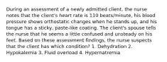 During an assessment of a newly admitted client, the nurse notes that the client's heart rate is 110 beats/minute, his blood pressure shows orthostatic changes when he stands up, and his tongue has a sticky, paste-like coating. The client's spouse tells the nurse that he seems a little confused and unsteady on his feet. Based on these assessment findings, the nurse suspects that the client has which condition? 1. Dehydration 2. Hypokalemia 3. Fluid overload 4. Hypernatremia