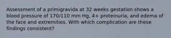 Assessment of a primigravida at 32 weeks gestation shows a blood pressure of 170/110 mm Hg, 4+ proteinuria, and edema of the face and extremities. With which complication are these findings consistent?