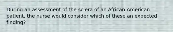 During an assessment of the sclera of an African-American patient, the nurse would consider which of these an expected finding?