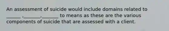 An assessment of suicide would include domains related to ______ ,_______,_______ to means as these are the various components of suicide that are assessed with a client.