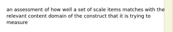 an assessment of how well a set of scale items matches with the relevant content domain of the construct that it is trying to measure