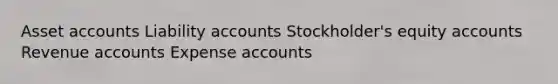 Asset accounts Liability accounts Stockholder's equity accounts Revenue accounts Expense accounts