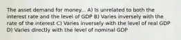 The asset demand for money... A) Is unrelated to both the interest rate and the level of GDP B) Varies inversely with the rate of the interest C) Varies inversely with the level of real GDP D) Varies directly with the level of nominal GDP