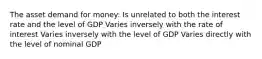 The asset demand for money: Is unrelated to both the interest rate and the level of GDP Varies inversely with the rate of interest Varies inversely with the level of GDP Varies directly with the level of nominal GDP