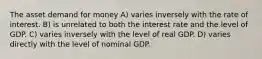 The asset demand for money A) varies inversely with the rate of interest. B) is unrelated to both the interest rate and the level of GDP. C) varies inversely with the level of real GDP. D) varies directly with the level of nominal GDP.