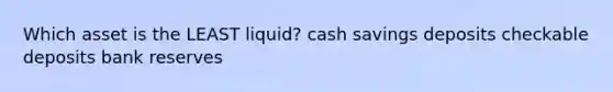 Which asset is the LEAST liquid? cash savings deposits checkable deposits bank reserves