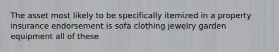 The asset most likely to be specifically itemized in a property insurance endorsement is sofa clothing jewelry garden equipment all of these