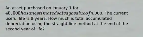 An asset purchased on January 1 for 40,000 has an estimated salvage value of4,000. The current useful life is 8 years. How much is total accumulated depreciation using the straight-line method at the end of the second year of life?