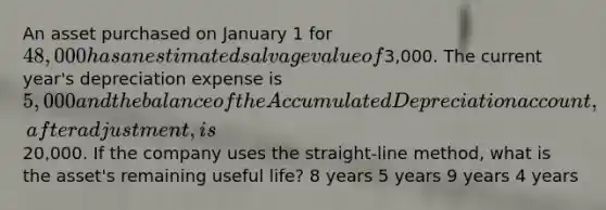 An asset purchased on January 1 for 48,000 has an estimated salvage value of3,000. The current year's depreciation expense is 5,000 and the balance of the Accumulated Depreciation account, after adjustment, is20,000. If the company uses the straight-line method, what is the asset's remaining useful life? 8 years 5 years 9 years 4 years