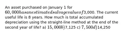 An asset purchased on January 1 for 60,000 has an estimated salvage value of3,000. The current useful life is 8 years. How much is total accumulated depreciation using the straight-line method at the end of the second year of life? a) 15,000 b)7,125 c) 7,500 d)14,250