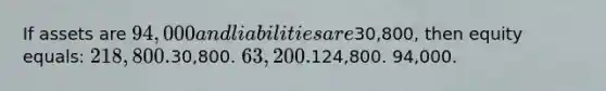 If assets are 94,000 and liabilities are30,800, then equity equals: 218,800.30,800. 63,200.124,800. 94,000.